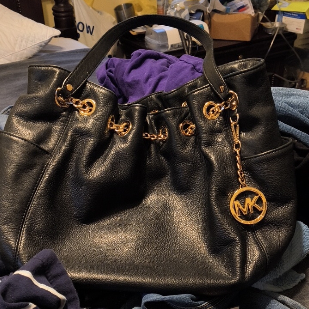 Michael Kors Black and Gold Shoulder Bag with Leather and Button Snap  Detail